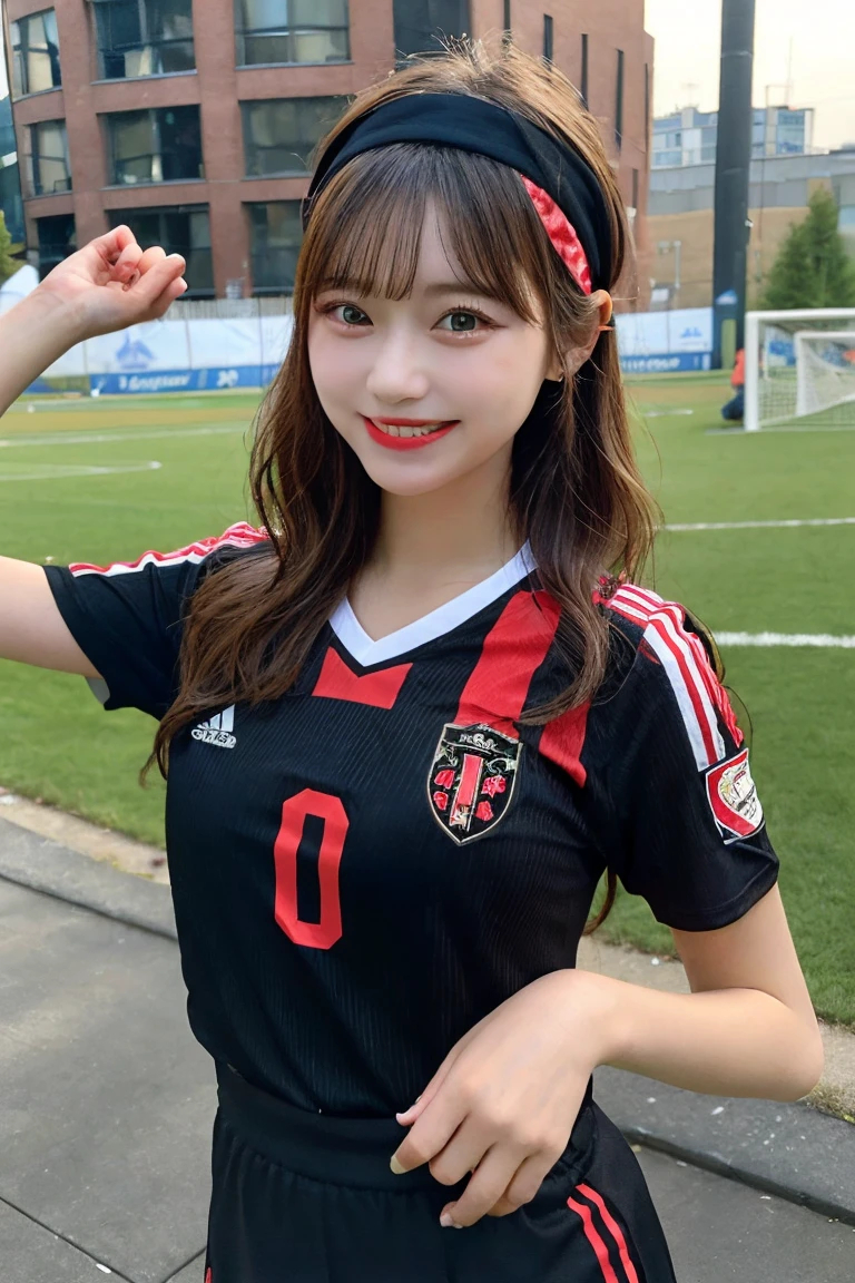 1 beautiful girl , masterpiece, high quality, best quality, extremely detailed,(((wearing black and red striped soccer jersey))), long skirt, ,hairband ,((Ample Breasts)), Diminutive Height,Giddy Smile