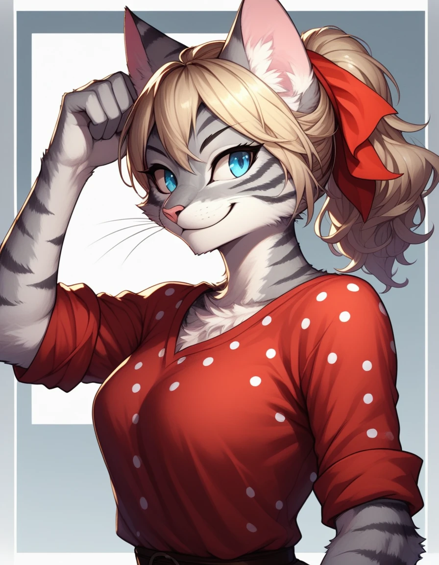 score_9,score_8_up,score_7_up, kemono style, Kat, Anthro furry feline, silver fur, grey stripes on body, blue eyes, short wavy blonde hair, red polka dot bandana tied to head, pink nose, :3, upper body shot, portrait, wearing denim t shirt, sleeves rolled up, she is flexing one arm, side view, smirking, Rosie the riveter poster, Rosie the riveter pose