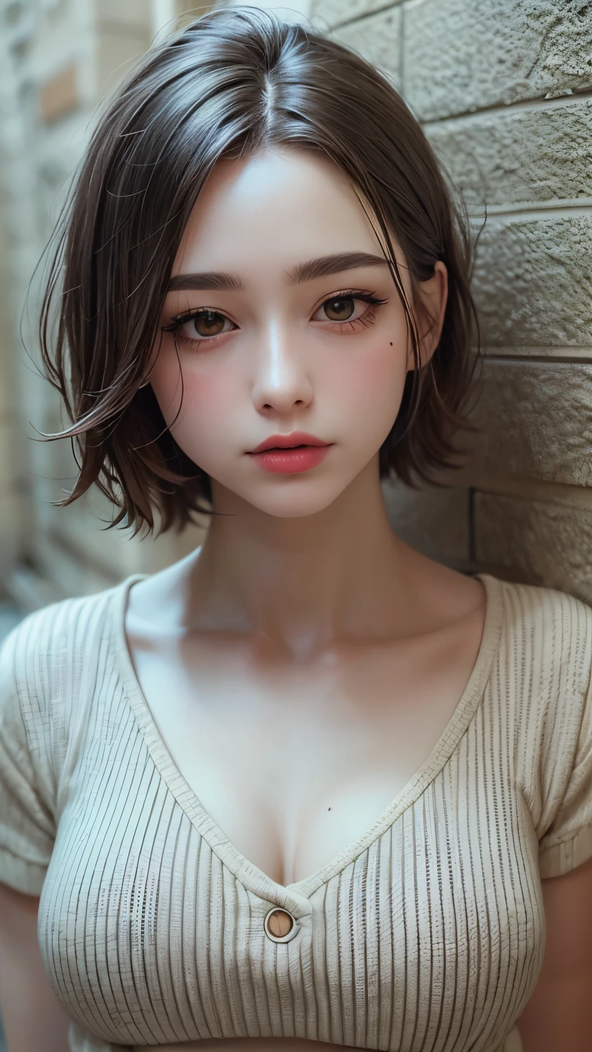 Masterpiece hyperrealist & Photorealistic beautiful girl, Realistic Skin (Pore-filled skin) Short Bob Cut Hair, Realistic red lips,Punk Girl, (head shot:1.5),Shorts