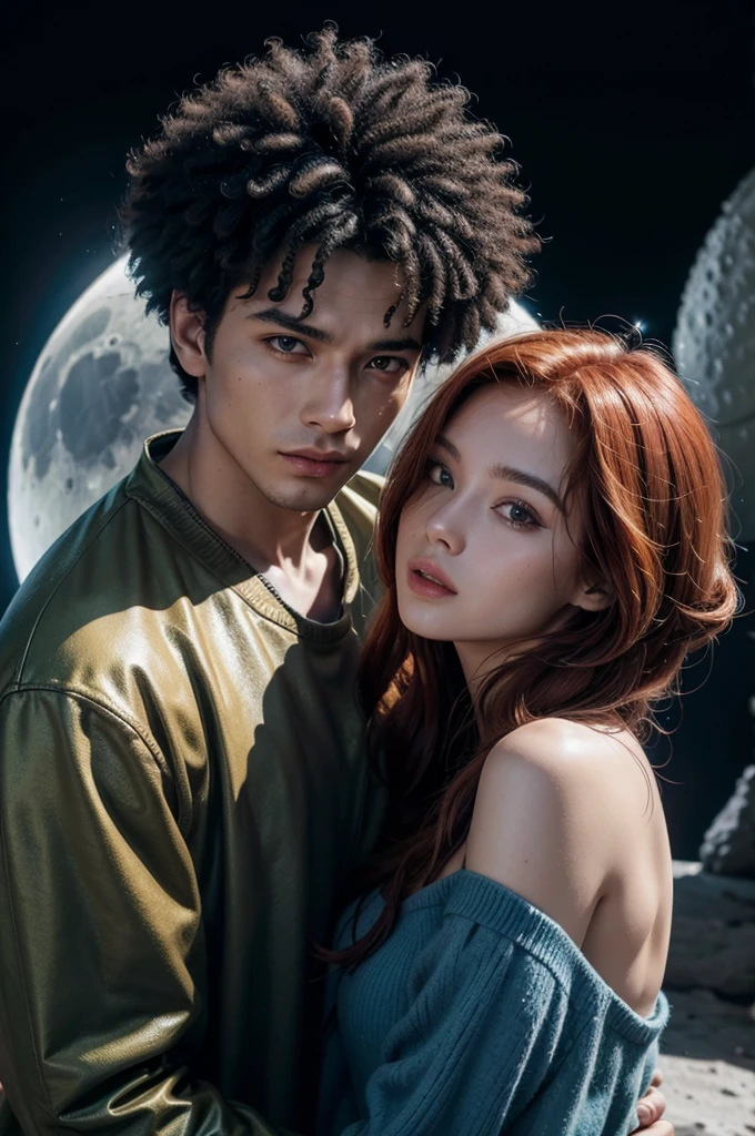 generate me an image of an image of a spaceship landing on the moon, the moon is inhabited by people, having cities, From inside this ship a person of Latin American ethnicity is coming out, with red hair, is a woman, with a black dress, and behind her is an Afro-Brazilian man wearing black and blue clothes, Both appear to be 25 years old, PICTURE REALISTIC, uhd, 4K