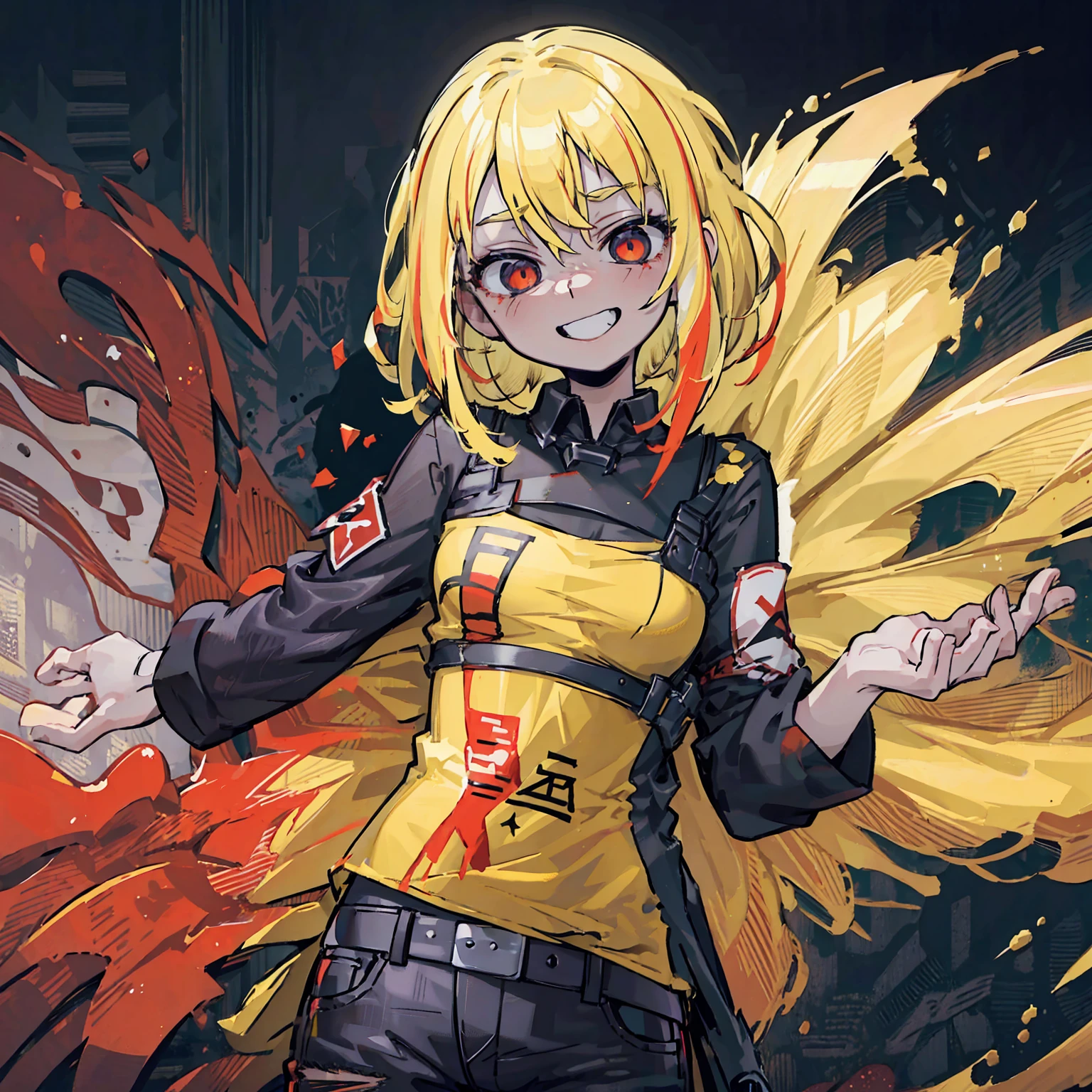 anime girl with short blonde hair and red highlights, pointed teeth, macabre smile, wearing a black shirt with a print, jeans, holding a personalized machine gun, in front of a white wall with graffiti, yellow and red green paint splattered on the background, (best quality,4k,8k,highres,masterpiece:1.2),ultra-detailed,intricate details,cinematic lighting,dramatic atmosphere