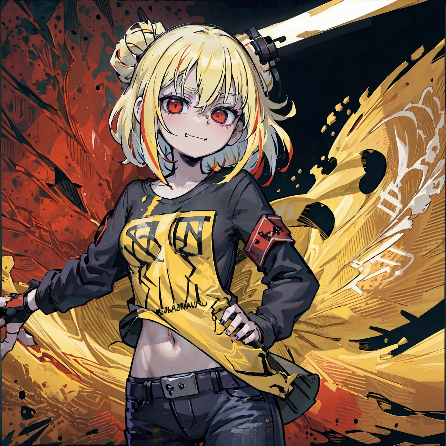 anime girl with short blonde hair and red highlights, pointed teeth, macabre smile, wearing a black shirt with a print, jeans, holding a personalized machine gun, in front of a white wall with graffiti, yellow and red green paint splattered on the background, (best quality,4k,8k,highres,masterpiece:1.2),ultra-detailed,intricate details,cinematic lighting,dramatic atmosphere