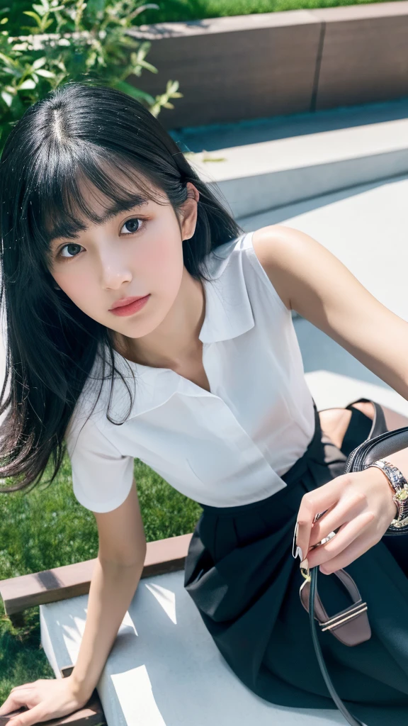 Selfie,Top view,Black Hair,Medium Hair,summercoordinate,Zara,Sitting,Ultra HD,masterpiece,super high quality,Ultra-high resolution,Highest quality,Advanced,Highest quality,Highest Resolution,high quality,beautiful,beautiful,High quality,Realな質感,Real,8K,Detailed,