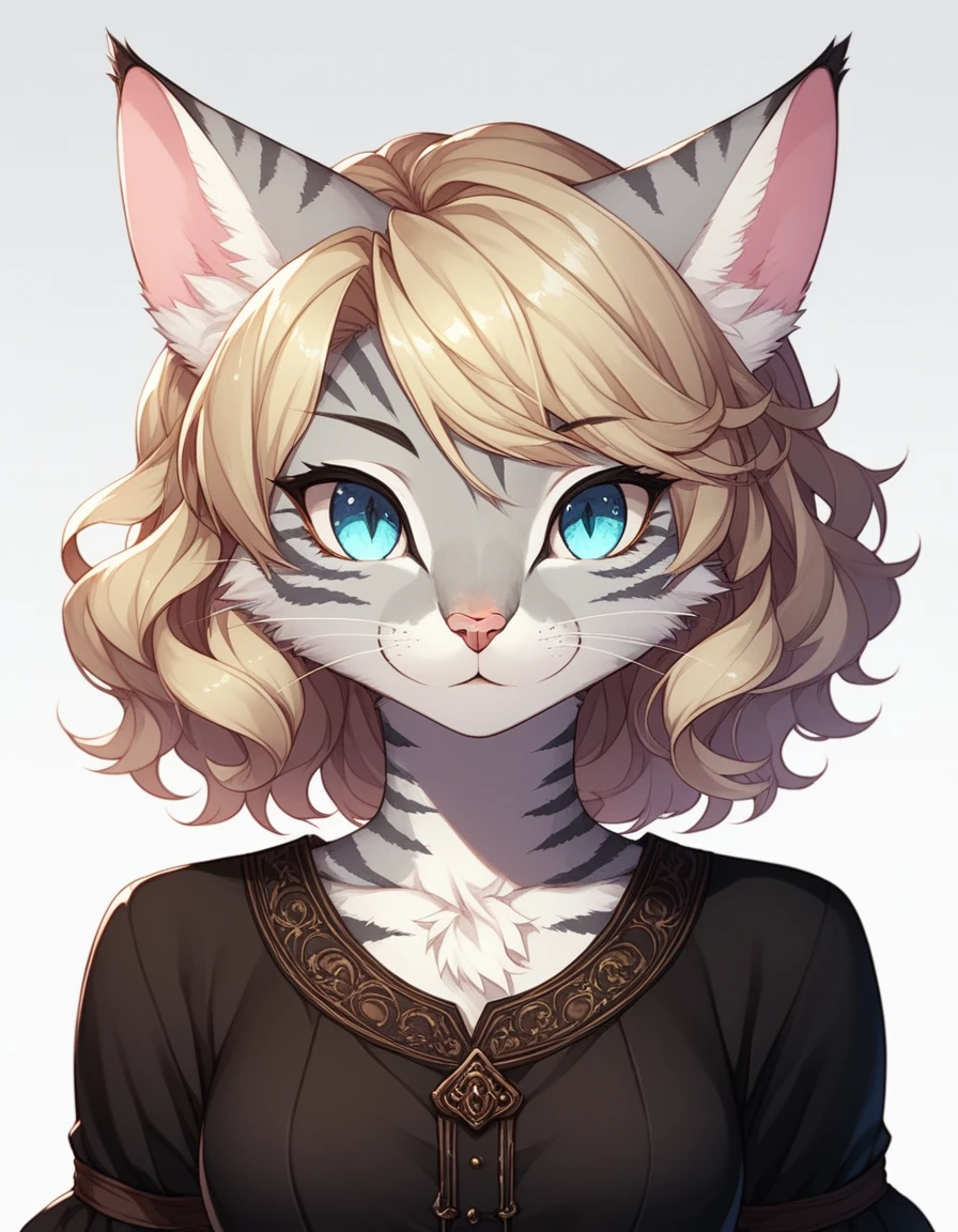score_9,score_8_up,score_7_up, kemono style, Kat, Anthro furry feline, silver fur, grey stripes on body, blue eyes, short wavy blonde hair, hair styled like Marylin Monroe, pink nose, :3, wearing 1940s rockabilly outfit, 