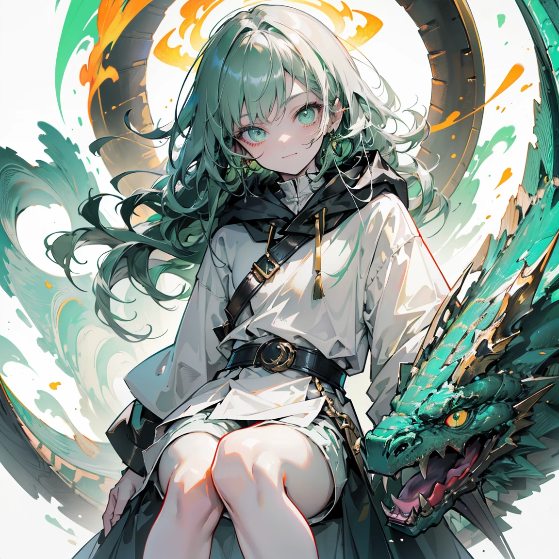dark green hair pale green eyes. in short dark green shorts. long white T-shirt. dark green knee-high socks. a white long robe with a hood flutters in the wind. black ancient stone walls of the castle green light from lamps with gold ornaments, heterochromia, long curly hair, pale skin, I look at the viewer, closed mouth, bright smile, Beautiful, extremely detailed eye, Absolutely amazing art, extremely detailed, Digital art of the highest quality, full length, 