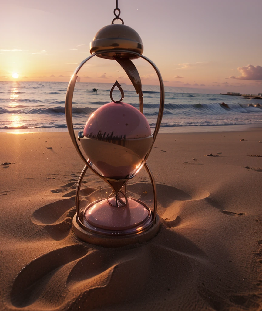 Create a background of a pink hourglass buried in the sand with sunset