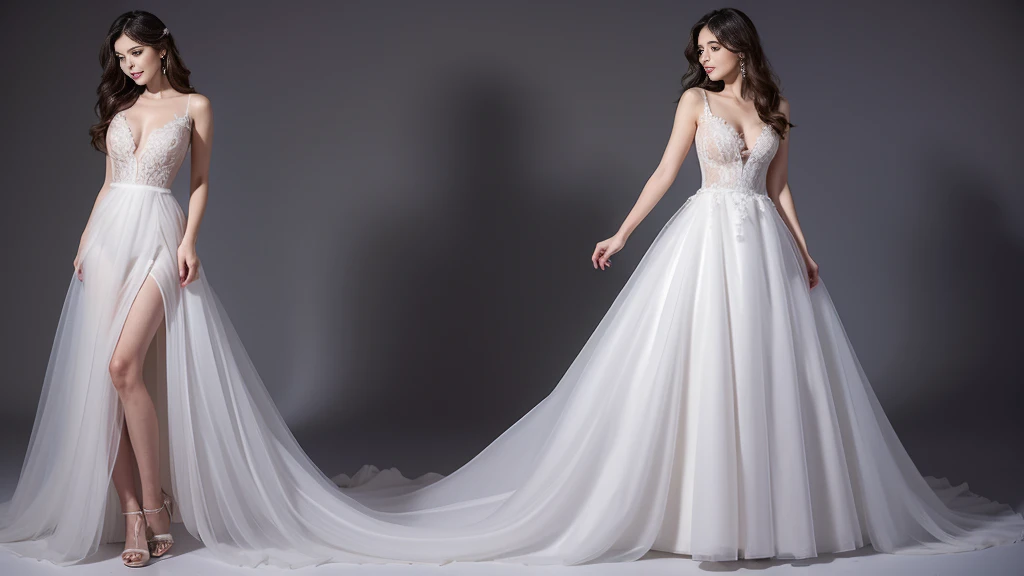 full body lesbian,Elegant woman,wavy hair,((transparent:1.2)),take a wedding dress off one's shoulder,perfect face,huge breasts,((huge cleavage:1.2)),big ass rises:1.2,Thin legs opened:1.3,look at the camera,stand on the ground,(open your arms,bent down, hands on desk,),in the living room,(Expressions of pain:1.5),See above:1.3
