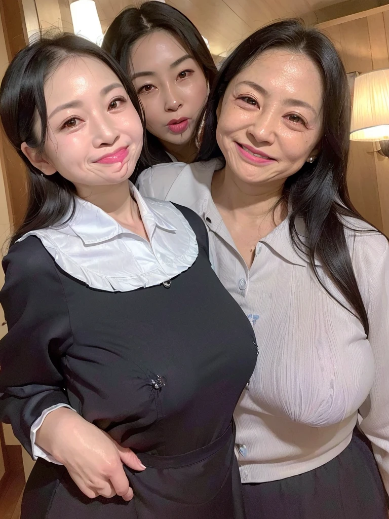 Highest quality、masterpiece、8K、Very detailed、Realistic、(Two Women)、(Looking at me with a smile:1.5)、0 years old:1.5)、(Wrinkles around the eyes:1.5)、(Wrinkles around the mouth:1.5)、whole body、Black Hair、Small face、(Slender:1.2)、(Big Breasts)、(Erect nipples:1.2)、(Waitress Uniform:1.2)