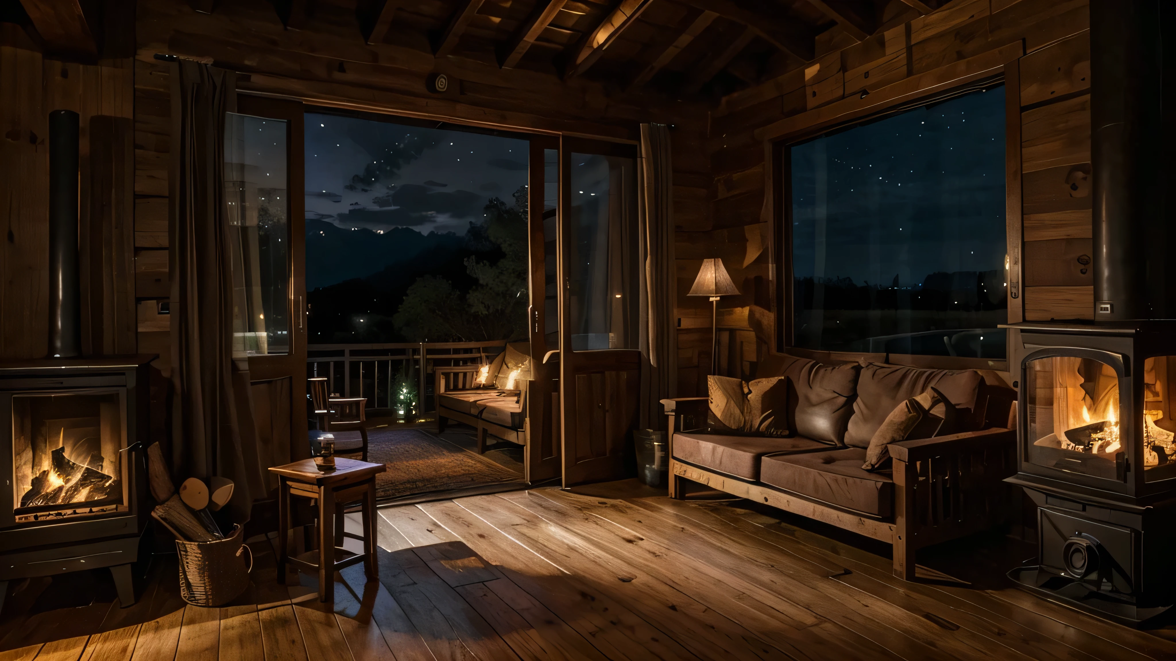 generate a rural area night view from a house windows of scenery. Inside the house there's a wooden tables and cozy sofa, there's also a stove with firewood lighted inside the house