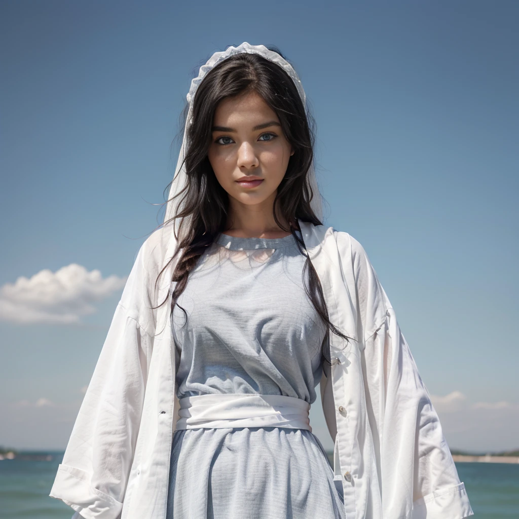 young woman, 25 years old, blue eyes, Curly black hair , serene face, gray dress with wide, long sleeves adjusted at the waist by an intertwined white sash.