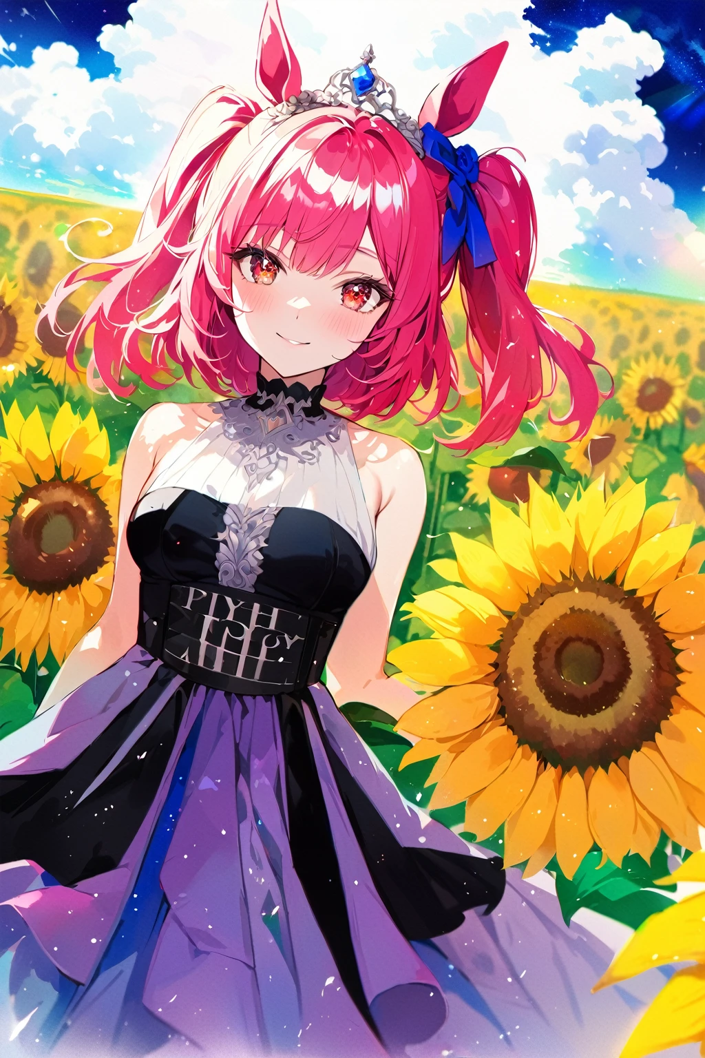 masterpiece, best quality, high quality, ultra detailed, detailed, hyper detailed, insanely detailed, 4K, 8K, highres, super fine Illustration, bokeh, colorful background, bloom, glow, powder lighting,
1girl, solo, pink hair, twintails, horse ears, red eyes, sparkling eyes, looking at viewer, gentle smile, light atmosphere, (light particles),
sunrise, morning hour, colorful sunrise, beautifull sky,
floating hair, floating clothes, wind, cloud, white maid, white dress, bare shoulders, sunflowers, many sunflowers, palace, Castle, duch angle, lens flare, watercolor,