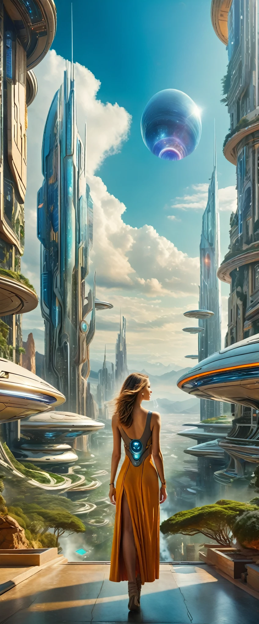 Highest quality,(masterpiece:1.2),Ultra-high resolution,Raw color photography,8K,Vast landscape photography,Realistic photos,Elaborate photos,Woman living in a futuristic city,She's a space bounty hunter,Dress in black,(From the back:1.5),(From below:1.2,Woman standing in a futuristic city,Cyberpunk City,The vast city spreads out before your eyes,The sky is a vast universe,Dark Sky),Written boundary depth,Wide Light,Low contrast,Backlight,Sharp focus,Vibrant colors,Dynamic configuration