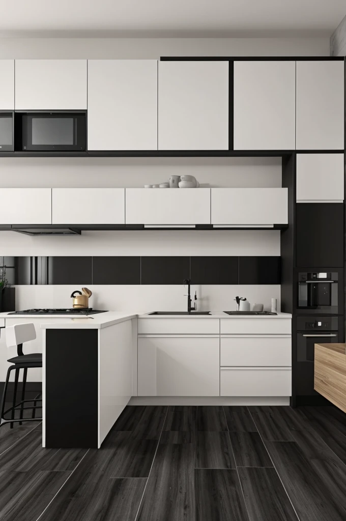 modern kitchen, porcelain flooring 60cmx120cm matte white color, meson grande 7 metros, half matte black color, half wood color