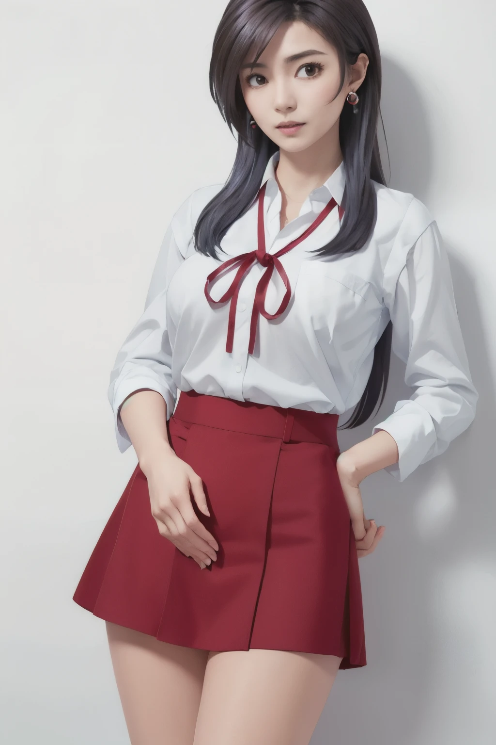 tall, hands on crotch, a full-body shot, long legs, largr breast,earrings,mini skirt,masterpiece, best quality, long hair, standing,Simple White Background, mio serizawa, long sleeves,red ribbon,white shirt, vest, beauty face