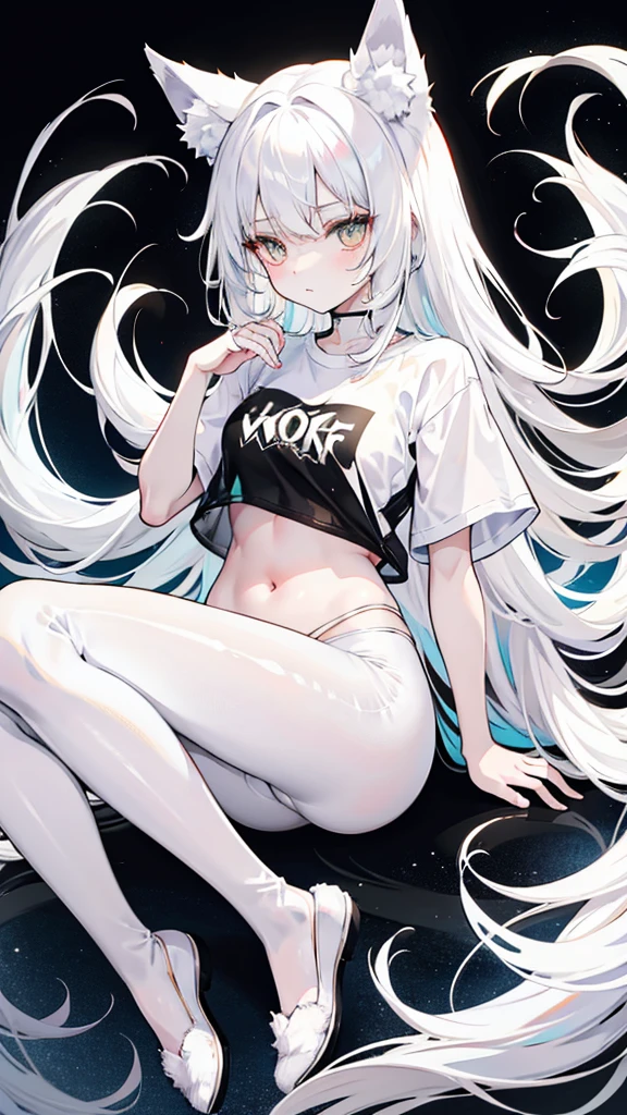 wolf girl white hair white wolf ears maximum resolution eyes Gold and black t-shirt black pants and white wolf tail have two white slippers