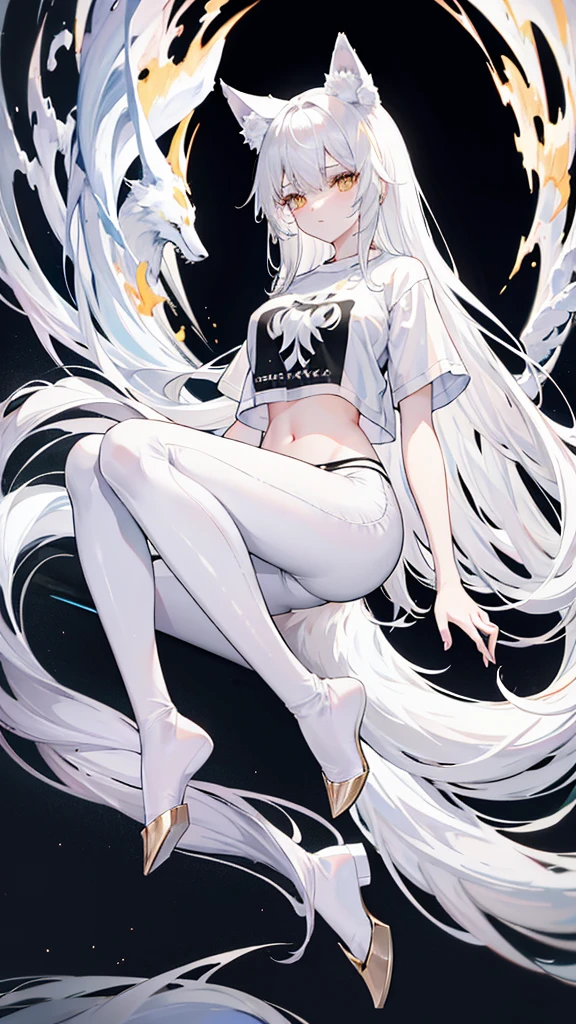 wolf girl white hair white wolf ears maximum resolution eyes Gold and black t-shirt black pants and white wolf tail have two white slippers