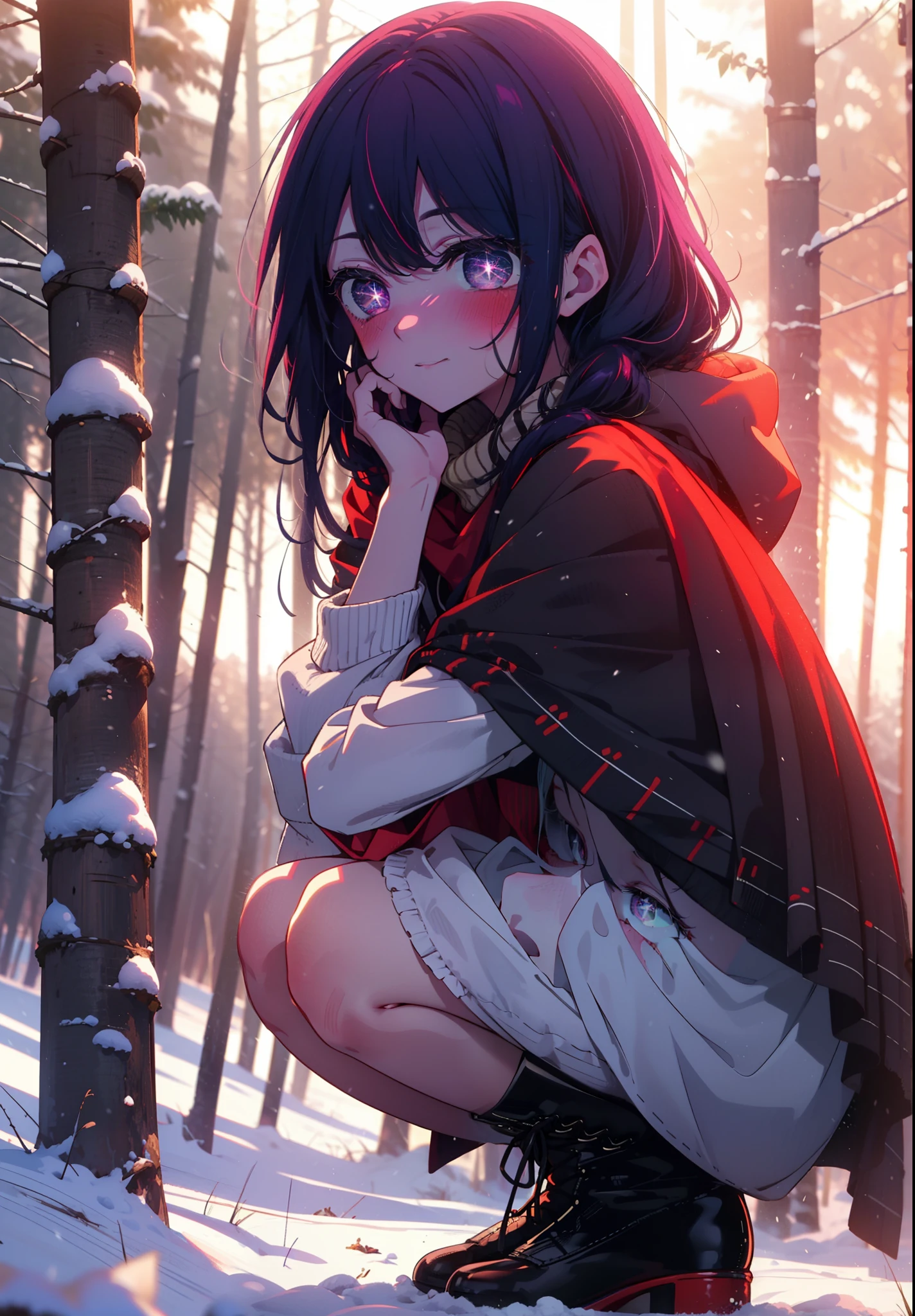 aihoshino, Ai Hoshino, Long Hair, bangs, (Purple eyes:1.1), Purple Hair, (Symbol-shaped pupil:1.5), smile,,smile,blush,White Breath,
Open your mouth,snow,Ground bonfire, Outdoor, boots, snowing, From the side, wood, suitcase, Cape, Blurred, , forest, White handbag, nature,  Squat, Mouth closed, Cape, winter, Written boundary depth, Black shoes, red Cape break looking at viewer, Upper Body, whole body, break Outdoor, forest, nature, break (masterpiece:1.2), Highest quality, High resolution, unity 8k wallpaper, (shape:0.8), (Beautiful and beautiful eyes:1.6), Highly detailed face, Perfect lighting, Extremely detailed CG, (Perfect hands, Perfect Anatomy),