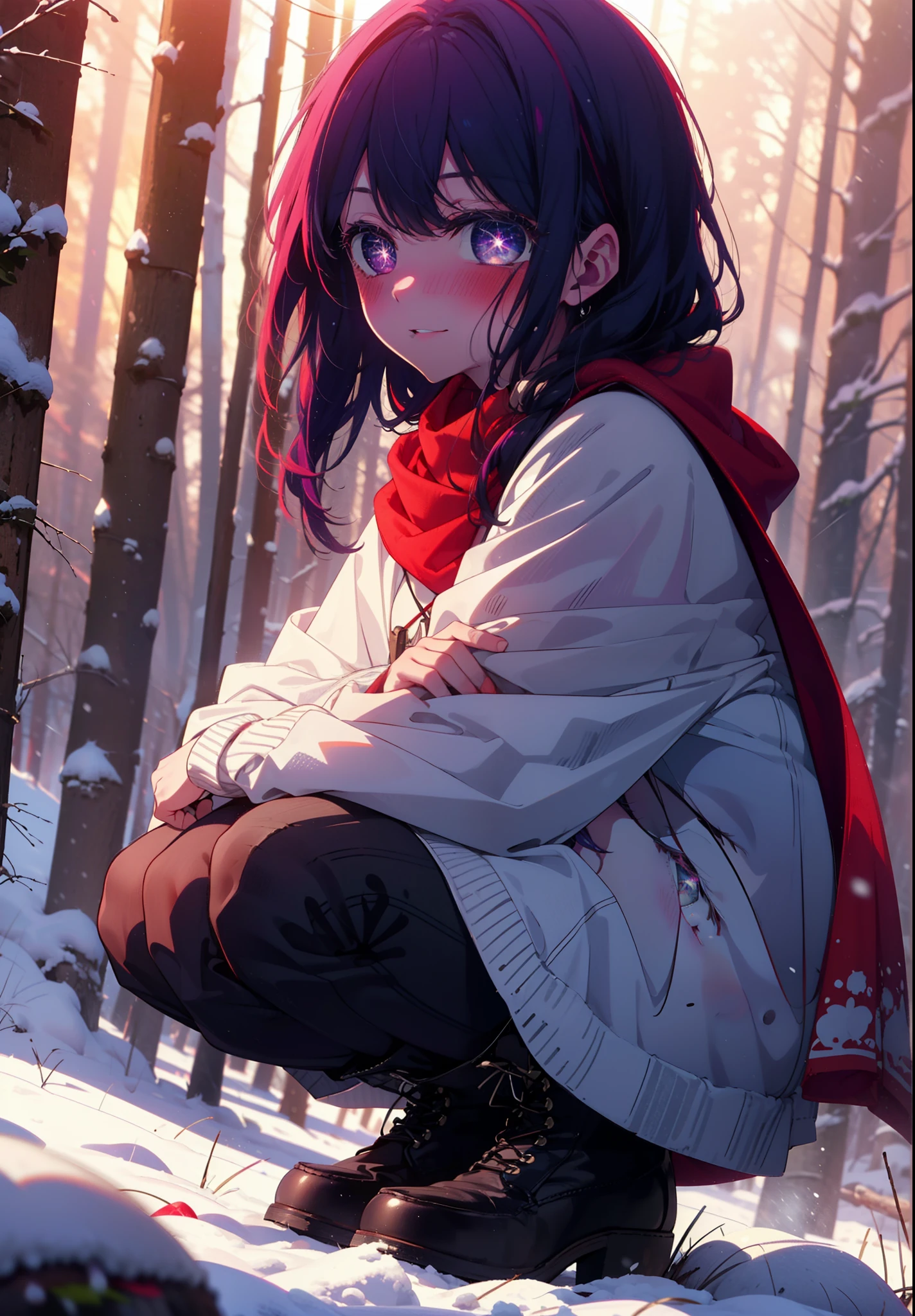 aihoshino, Ai Hoshino, Long Hair, bangs, (Purple eyes:1.1), Purple Hair, (Symbol-shaped pupil:1.5), smile,,smile,blush,White Breath,
Open your mouth,snow,Ground bonfire, Outdoor, boots, snowing, From the side, wood, suitcase, Cape, Blurred, , forest, White handbag, nature, Squat, Mouth closed, Cape, winter, Written boundary depth, Black shoes, red Cape break looking at viewer, Upper Body, whole body, break Outdoor, forest, nature, break (masterpiece:1.2), Highest quality, High resolution, unity 8k wallpaper, (shape:0.8), (Beautiful and beautiful eyes:1.6), Highly detailed face, Perfect lighting, Extremely detailed CG, (Perfect hands, Perfect Anatomy),