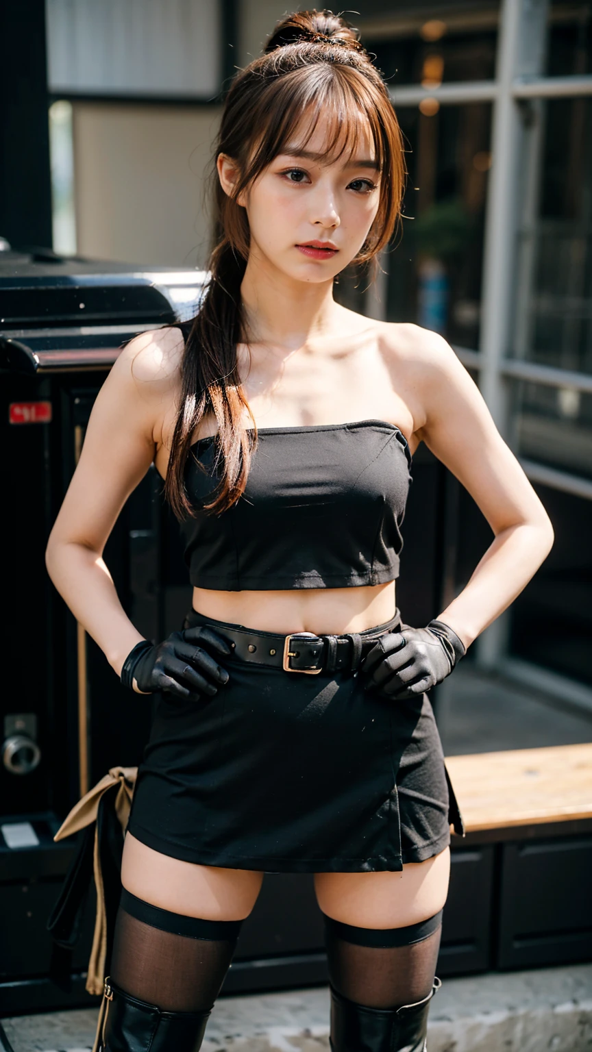 (8K、RAW Photos、Highest quality、masterpiece:1.2)、(Highest quality、Realistic)、1 Girl、((レザーガーターbelt、Side Ponytail、Tube top、Arm Covers、Ninja costume、mini skirt、black、tights、Belly button、Gloves、belt、ribbon、See-through、Thin legs、whole body、boots、City of night、View from the front、Looking into the camera、Stand with hands on hips))、cute
