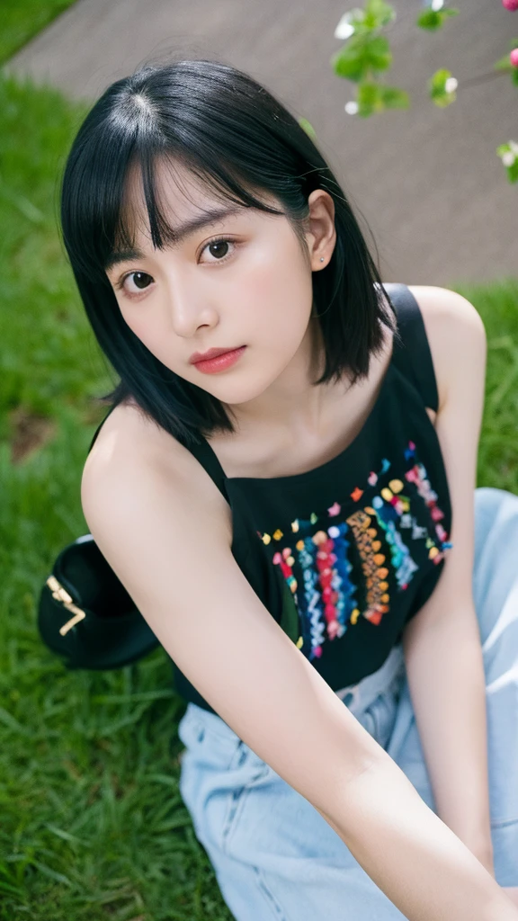 Selfie,Top view,Black Hair,Medium Hair,summercoordinate,Zara,Sitting,Ultra HD,masterpiece,super high quality,Ultra-high resolution,Highest quality,Advanced,Highest quality,Highest Resolution,high quality,beautiful,beautiful,High quality,Realな質感,Real,8K,Detailed,