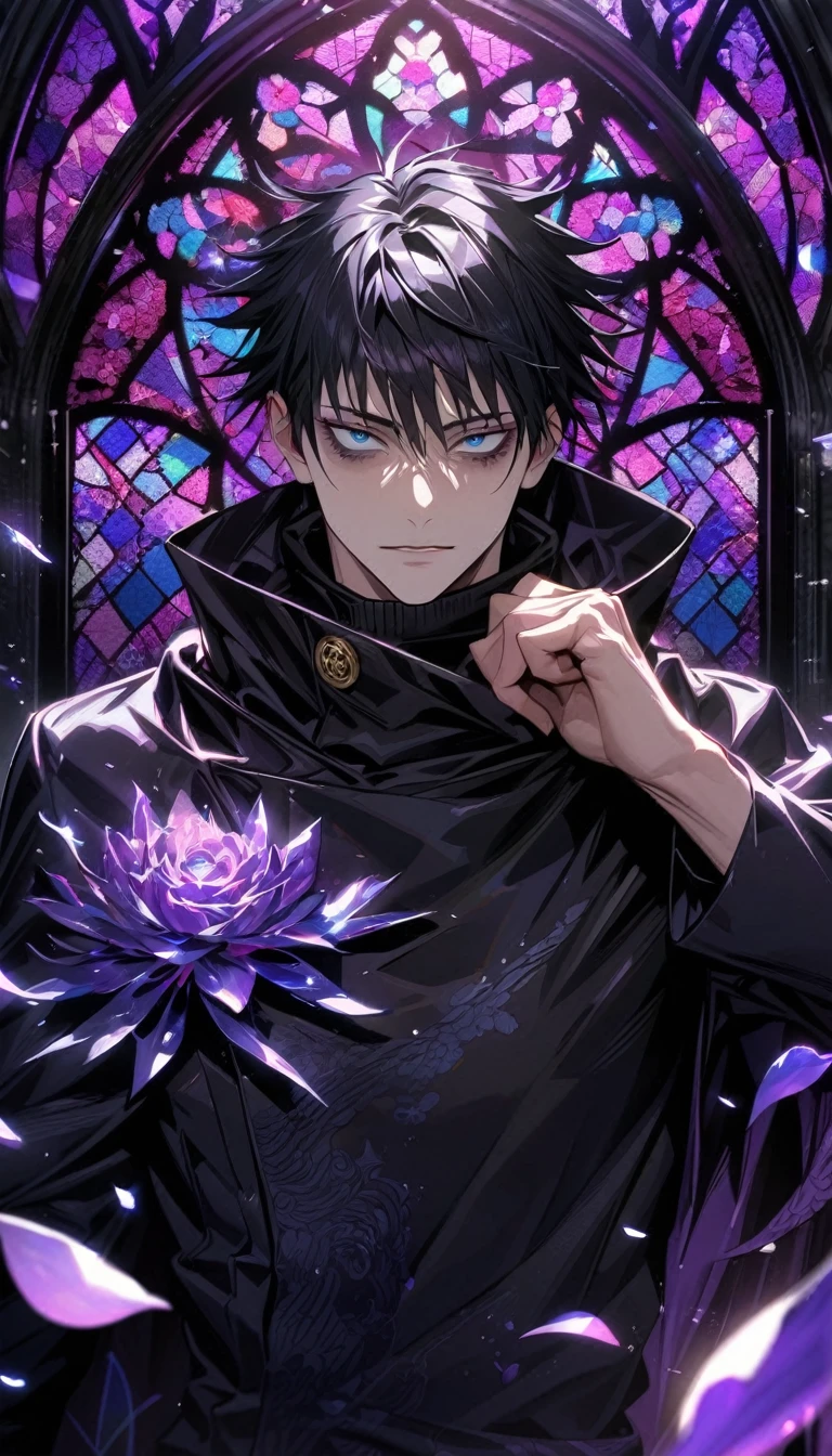 Ultra detailed, HDR, Highres, absurdres, master piece, toji fushiguro, expressive blue eyes, black hair, dark circles under the eyes, Jujutsu Kaisen, black coat with patterns, black tight shirt, purple stained glass, purple ice, petals, purple ice flowers, sexy man, solo, extremely detailed face and eyes, extremely handsome, glittering, black cape,