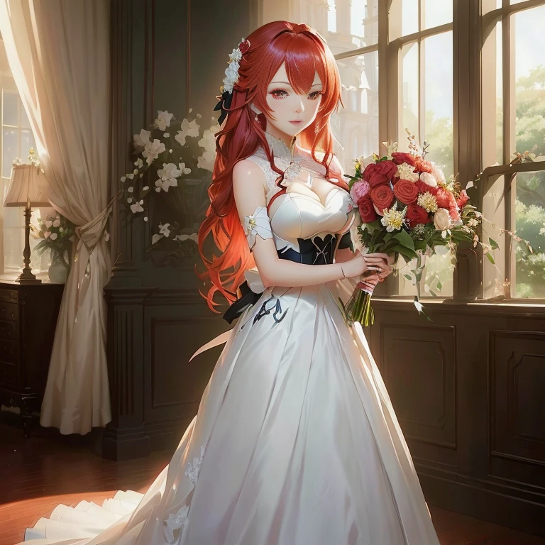 anime - style image of a woman in a wedding dress holding a bouquet of flowers, rin, rias gremory, cute anime waifu in a nice dress, cushart krenz key art feminine, anime key visual of elegant, painted in anime painter studio, marin kitagawa fanart, royal elegant pose, in dress, official art, smooth anime cg art
