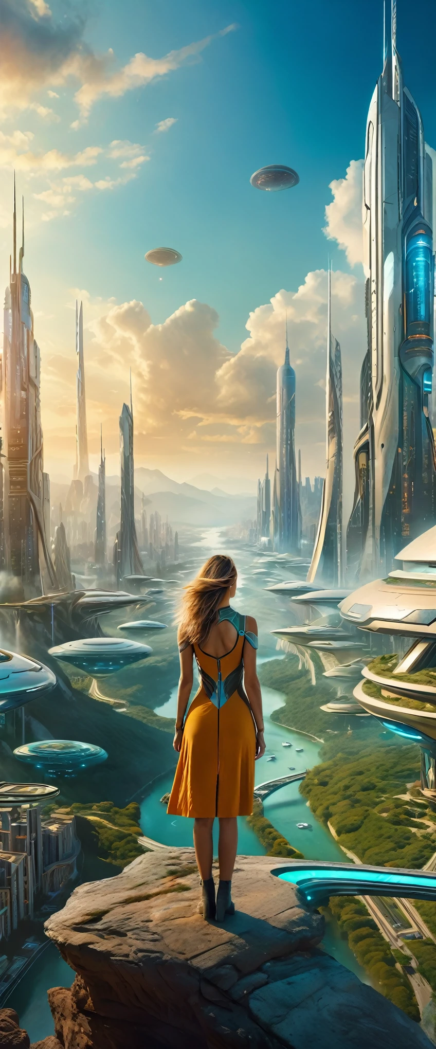 Highest quality,(masterpiece:1.2),Ultra-high resolution,Raw color photography,8K,Vast landscape photography,Realistic photos,Elaborate photos,Woman living in a futuristic city,She&#39;s a space assassin,Dress in black,(From the back:1.5),(From below:1.2,Woman standing in a futuristic city,Cyberpunk City,The vast city spreads out before your eyes,The sky is a vast universe,Dark Sky),Written boundary depth,Wide Light,Low contrast,Backlight,Sharp focus,Vibrant colors,Dynamic configuration