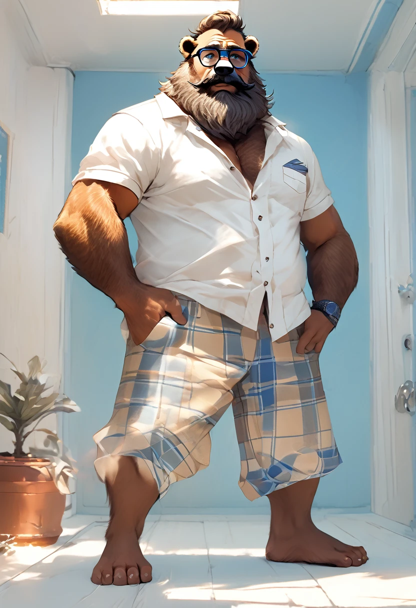 furry bear with beard and mustache, wearing glasses, gordo, with hair on chest, looking at the viewer, posing in full body, hairy chest, with loose white underwear with blue plaid, in his white room, showing his hairy penis