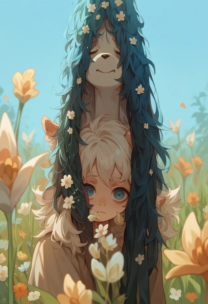 A 19-year-old young white girl，Fluffy hair，Bright Light，Nice face，Blue sky，Flowers., Energetic