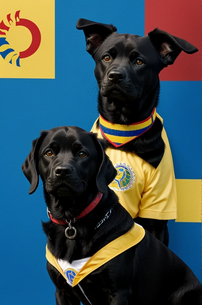 Generally an image of a happy little black dog with a Colombian shirt and behind the dog that has the Colombian flag behind it.