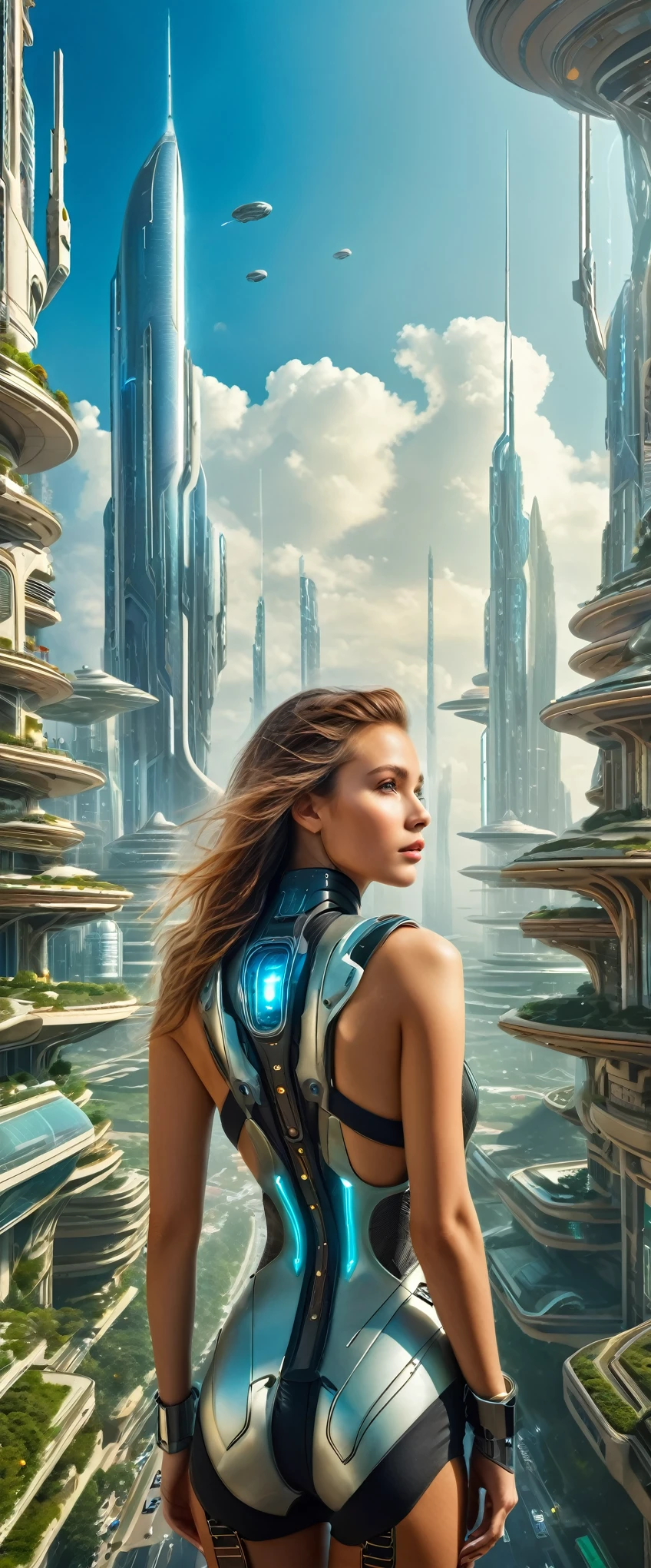 Highest quality,(masterpiece:1.2),Ultra-high resolution,Raw color photography,8K,Vast landscape photography,Realistic photos,Elaborate photos,Woman living in a futuristic city,She&#39;s a space assassin,Dress in black,(From the back:1.5),(From below:1.2,Woman standing in a futuristic city,Cyberpunk City,The vast city spreads out before your eyes,The sky is a vast universe,Dark Sky),Written boundary depth,Wide Light,Low contrast,Backlight,Sharp focus,Vibrant colors,Dynamic configuration