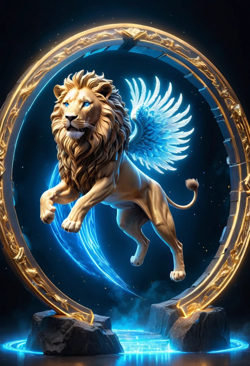 a lion jumping through a dimensional portal made of blue neon light in a circle, with white fog, 3D AUGMENTED REALITY hyper realistic angelic shapes in gold and diamonds and precious stones