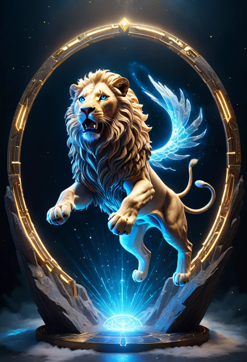 a lion jumping through a dimensional portal made of blue neon light in a circle, with white fog, 3D AUGMENTED REALITY hyper realistic angelic shapes in gold and diamonds and precious stones