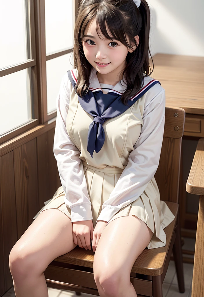(highest quality,masterpiece:1.3,ultra high resolution),(Super detailed、caustics) (Photoreal:1.4, RAW shooting、)ultra-realistic capture、very detailed、natural skin texture、masterpiece、(junior high school sailor suit:1.3)、1 Japanese girl、adorable expression、expression of happiness、、young face、surprisingly cute、twin tails、curly hair、black hair、Scrunchie、light makeup、Big breasts out to burst、Sit on a chair and open your legs to the left and right、Filmed in a junior high school classroom、Shining thighs、summer sunshine、smile、inviting gaze、White panties