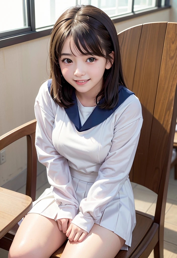 (highest quality,masterpiece:1.3,ultra high resolution),(Super detailed、caustics) (Photoreal:1.4, RAW shooting、)ultra-realistic capture、very detailed、natural skin texture、masterpiece、(junior high school sailor suit:1.3)、1 Japanese girl、adorable expression、expression of happiness、、young face、surprisingly cute、twin tails、curly hair、black hair、Scrunchie、light makeup、Big breasts that are about to burst、Sit on a chair and open your legs to the left and right、Filmed in a junior high school classroom、Shining thighs、summer sunshine、smile、inviting gaze、White panties