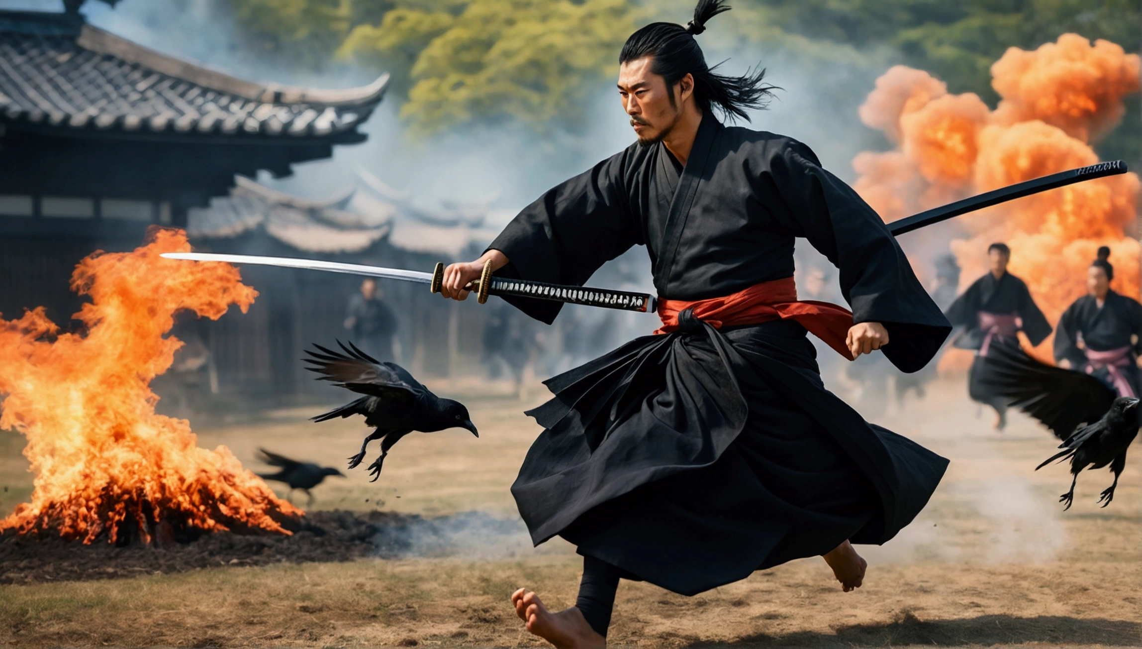 Samurai with a sword,Running sideways, Realistic effect of wearing black hakama, Crows are flying around,Blur the background, 8K, Burning Fire,