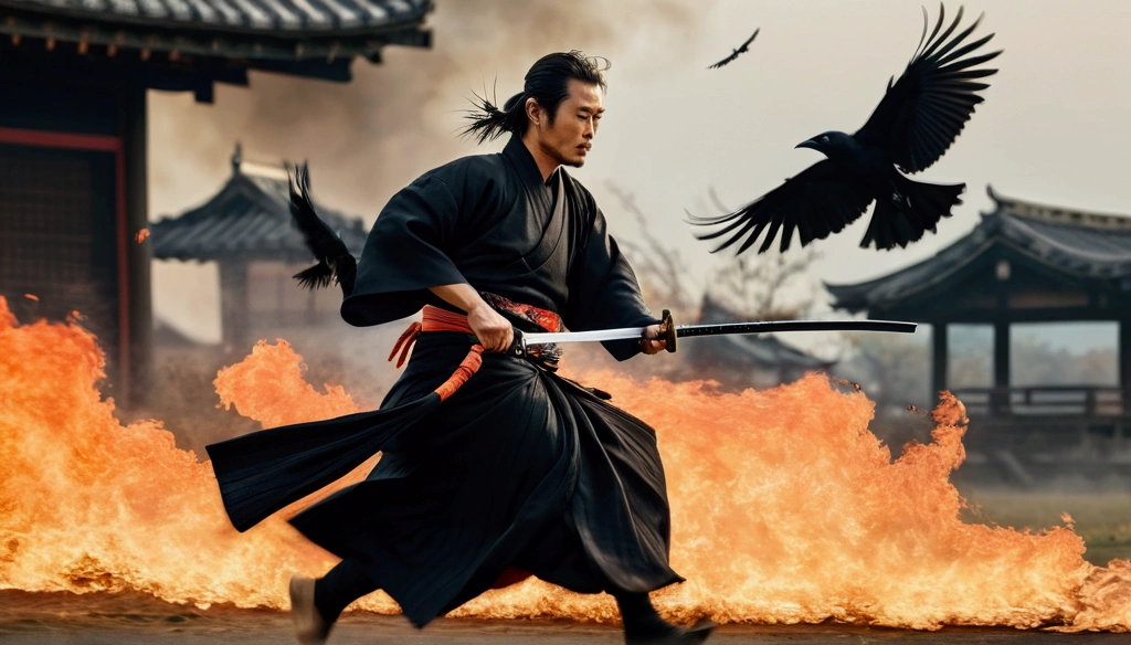 Samurai with a sword,Running sideways, Realistic effect of wearing black hakama, Crows are flying around,Blur the background, 8K, Burning Fire,