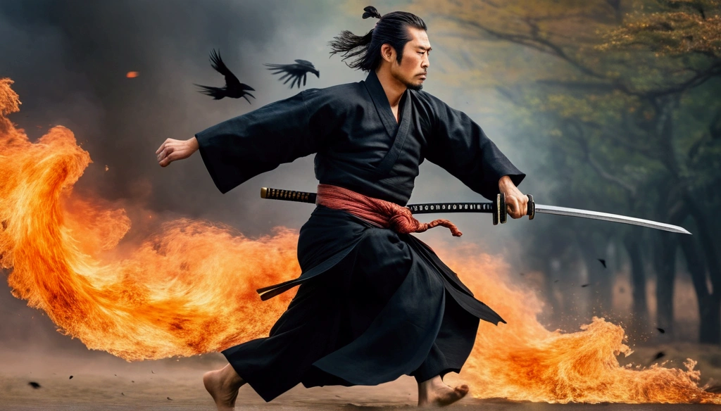 Samurai with a sword,Running sideways, Realistic effect of wearing black hakama, Crows are flying around,Blur the background, 8K, Burning Fire,