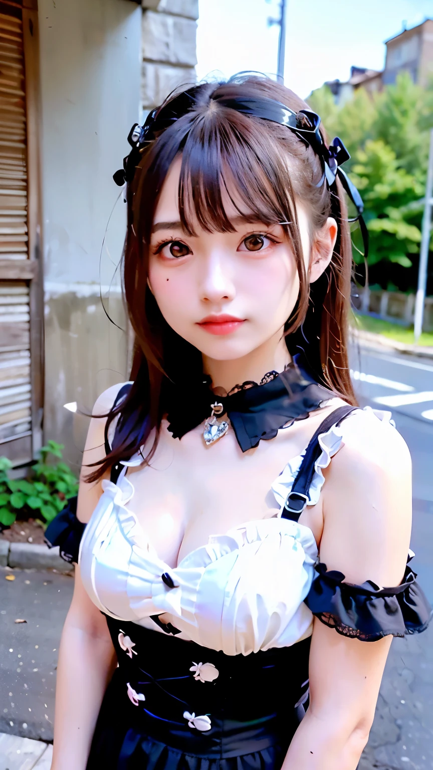 (Realistic, photo-Realistic:1.37), Unbelievably absurd, (Very detailed:1.3), 8K, (masterpiece), (Highest quality:1.4), (Ultra-high resolution:1.2), (RAW Photos:1.2), Very detailed背景, (unity 8K wallpaper), 1 nogizaka girl, very cute, (bishojo:1.35), (17yo:1.4 (white, Black and pink mine fashion), (Delicate and beautiful face, eye, skin), (Beautiful dress with intricate details), Gothic Maid, (Open chest), (Thick black shiny hair), (Elegant frills), (Blue rose hair accessory), (Smiling for the camera), whole body, Street view, Professional Lighting, 1 Girl, (Light pink hair)