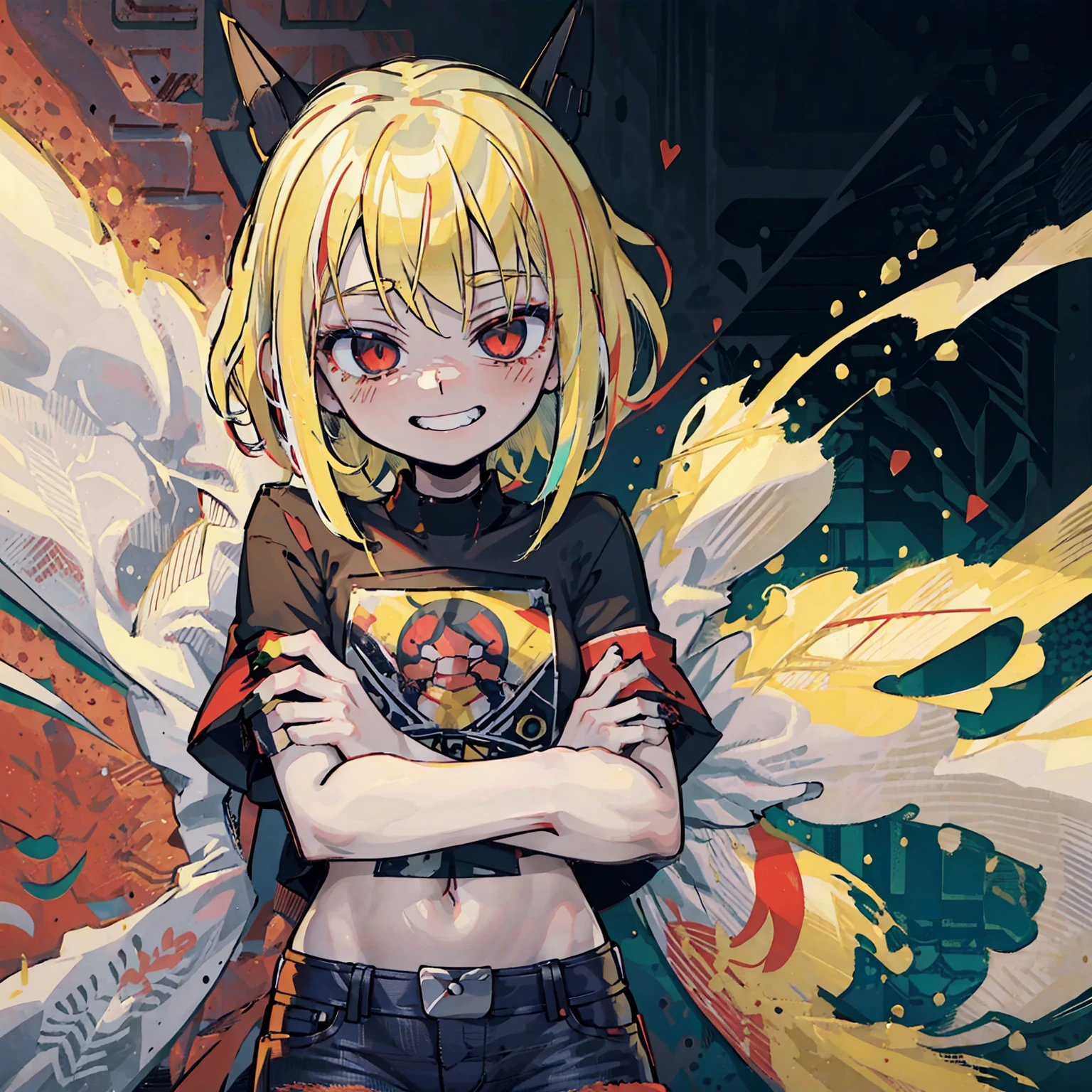 Anime girl, Short blonde hair with red highlights, Pointed teeth, macabre smile, black shirt with print, Jeans, personalized machine gun, white wall, Graffiti, Yellow and red green paint.