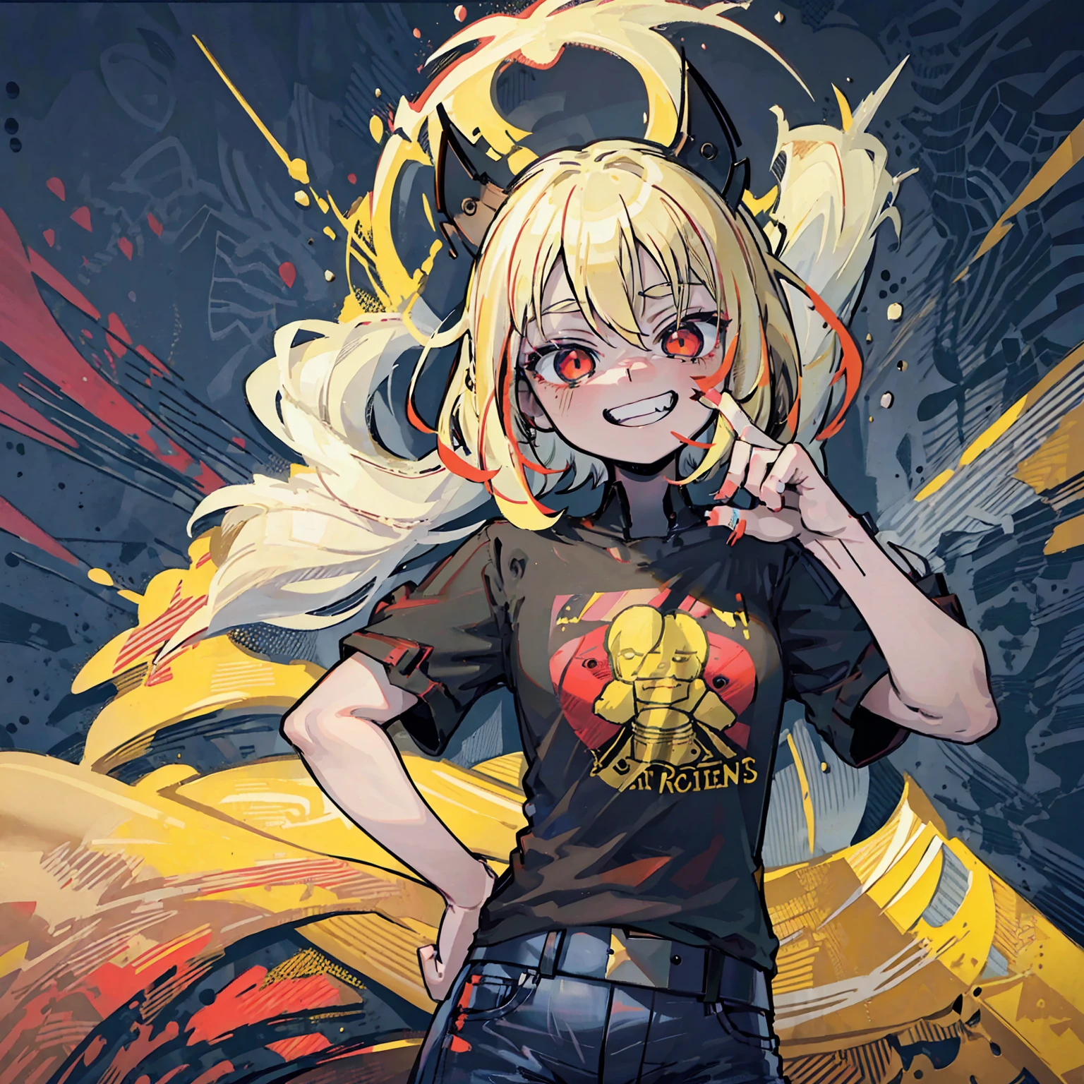 Anime girl, Short blonde hair with red highlights, Pointed teeth, macabre smile, black shirt with print, Jeans, personalized machine gun, white wall, Graffiti, Yellow and red green paint.