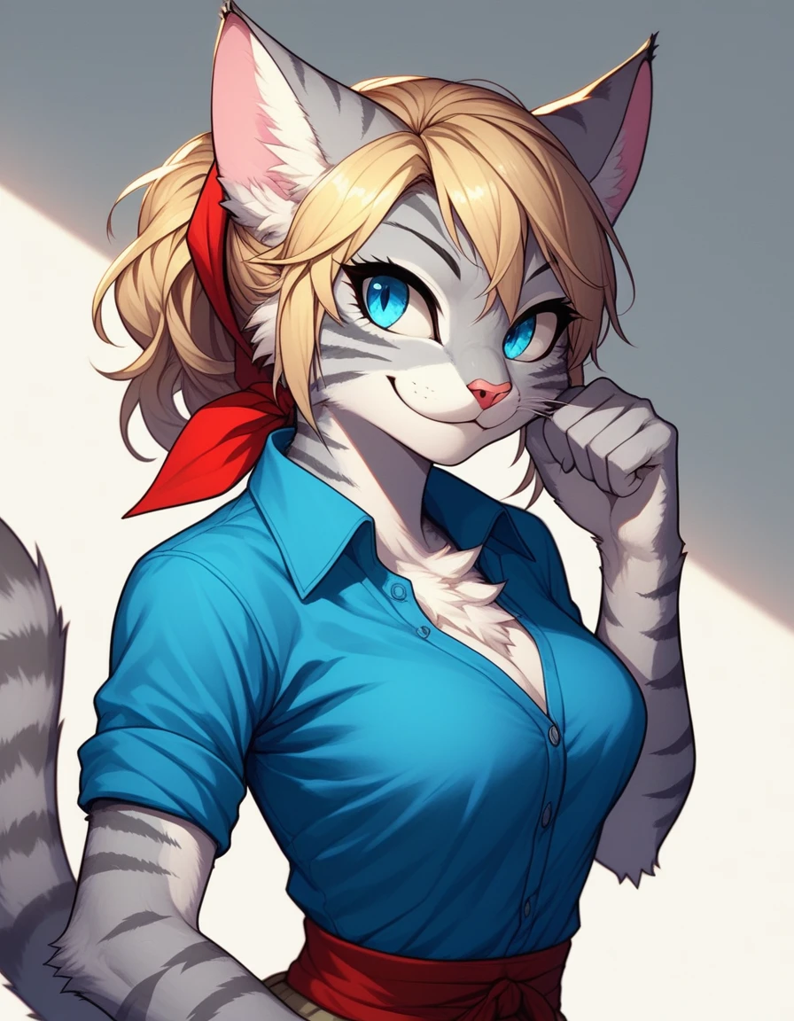 score_9,score_8_up,score_7_up, kemono style, Kat, Anthro furry feline, silver fur, grey stripes on body, blue eyes, short wavy blonde hair, red polka dot bandana tied to head, pink nose, :3, upper body shot, portrait, wearing blue denim t shirt, sleeves rolled up, she is flexing one arm, side view, smirking, Rosie the riveter poster, Rosie the riveter pose