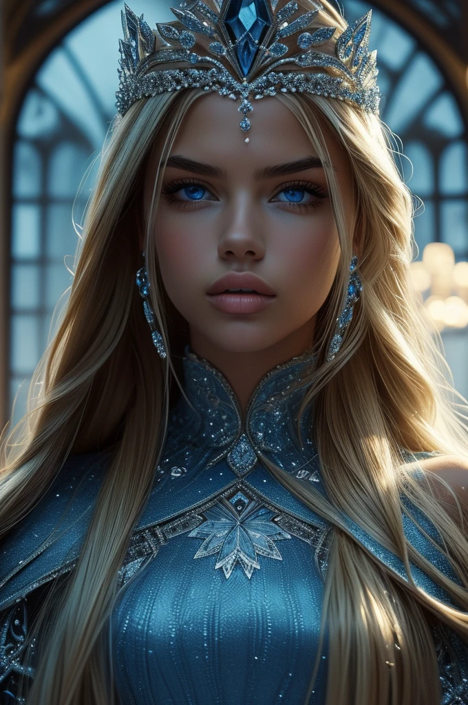16 year old Adriana Lima, ultra detailed face, ultra detailed blue eyes, long blonde hair, (dress), tiara, winter, (((masterpiece)))