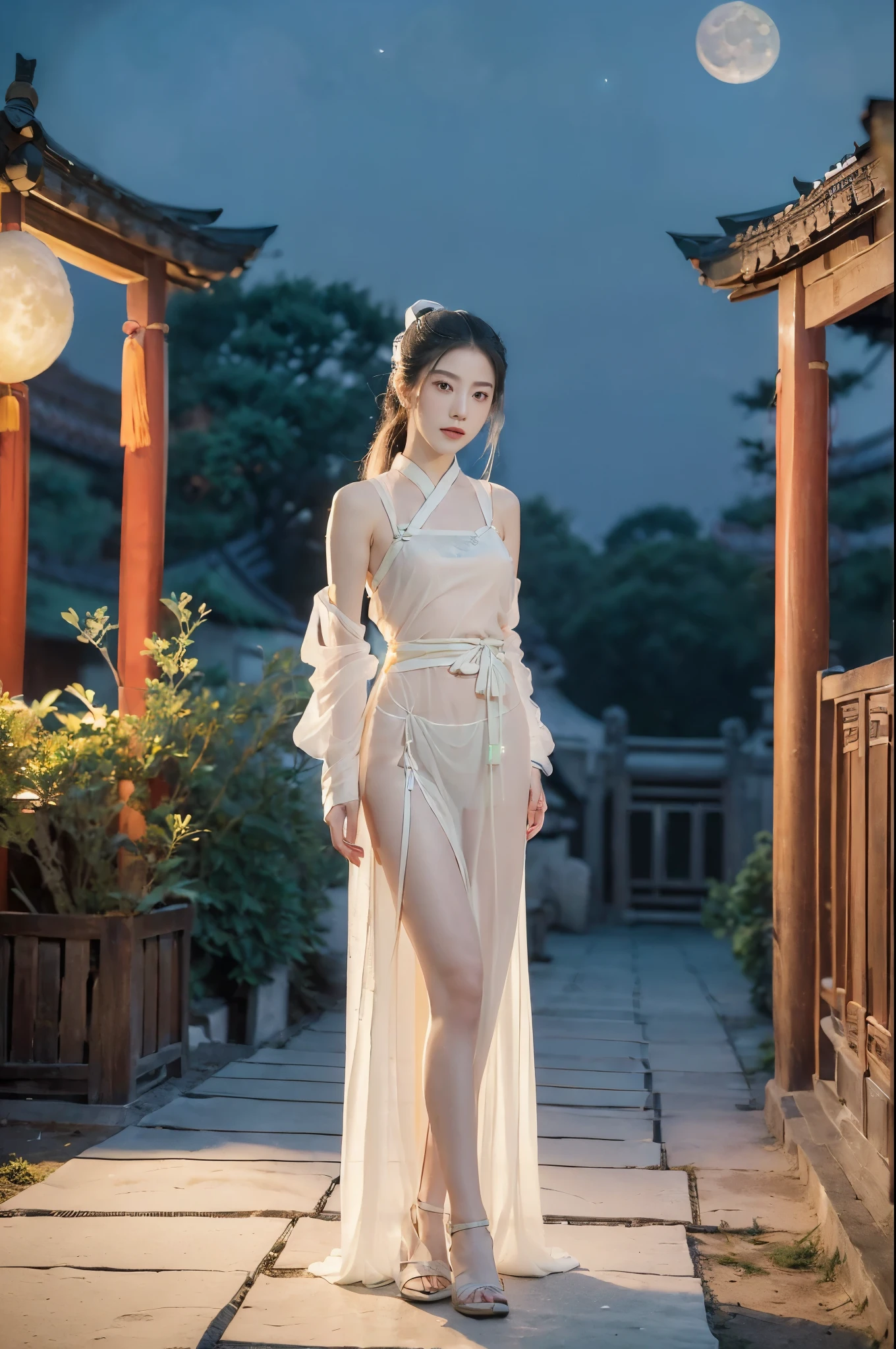 (((best quality))),(((ultra detailed))),(((masterpiece))),illustration,((1 beautiful girl,solo)),(short ponytail:1.2),((bright eyes,gentle smile)),((slim,thin)),((small breasts,flat chest)),(white see through sheer strap Hanfu:1.3),(slender legs:1.2),flowing fabric,serene demeanor,vibrant plants and trees,(Chinese-style architecture:1.3),tile roofs,intricate wooden carvings,rich and vivid colors,(serene glow of the moon:1.5),(((colorful clouds))),traditional Chinese garment,(((summer night,village courtyard))),(standing:1.3),(arms behind back:1.3),((from front,full body))