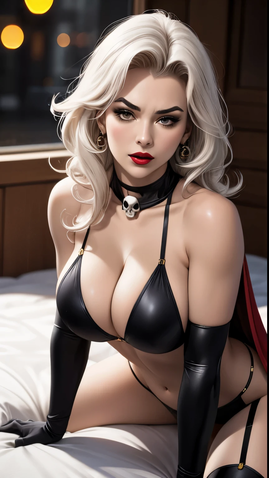 straight-on, CARTOON_lady_death_bikini_ownwaifu,www.ownwaifu.com, angry,
mascara, blank_eyes,long hair,breasts,white hair,makeup,colored skin,navel,lipstick,large breasts,wavy hair,white skin,lips,curly hair,red lips,very long hair,toned, narrow_waist, curvy,pale skin, thick_eyelashes, thick eyebrows, big hair, pov lying on bed, girl Crawling on top pov, girl crawl on four, seen from below, 1boy, pov, missionary, pov making out on the girl, pov chest,
thighhighs,cape,cleavage,jewelry,earrings,garter straps,garter belt,gloves,piercing,red cape,blood,elbow gloves,armor,black legwear,collar,thong,black bikini,skull earrings, highleg,
BREAK, official art,extremely detailed CG unity 8k wallpaper, perfect lighting,Colorful, Bright_Front_face_Lighting,shiny skin, (masterpiece:1.0),(best_quality:1.0), ultra high res,4K,ultra-detailed, photography, 8K, HDR, highres, (absurdres:1.2), Kodak portra 400, film grain, blurry background, (bokeh:1.2), lens flare, (vibrant_color:1.2),professional photograph, (beautiful_face:1.5),