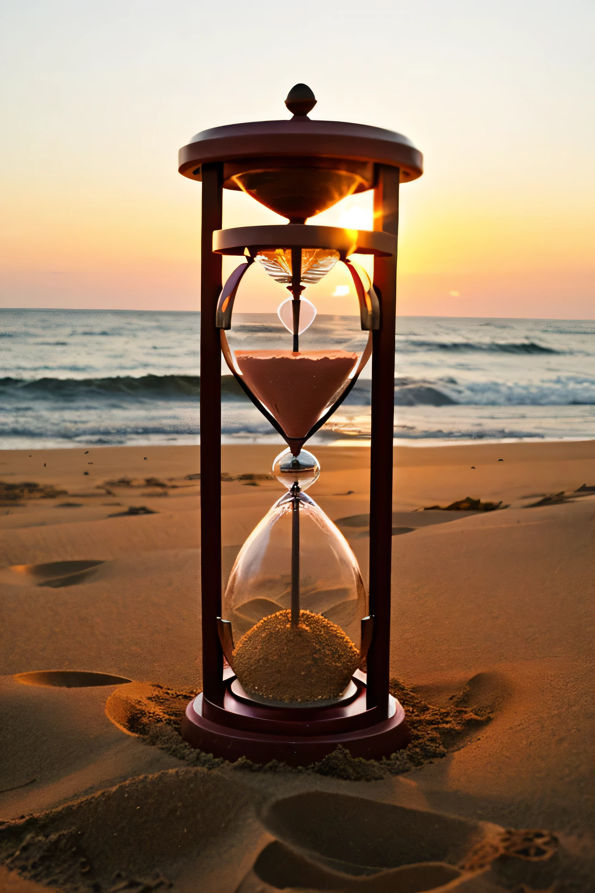 Create a masterpiece of a picture of a pink hourglass buried in the sand with sunset