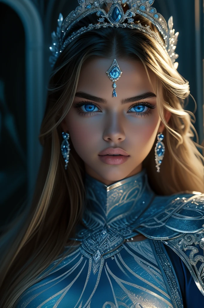 16 year old Adriana Lima, ultra detailed face, ultra detailed blue eyes, long blonde hair, (dress), tiara, winter, (((masterpiece)))