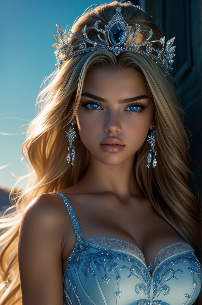 16 year old Adriana Lima, ultra detailed face, ultra detailed blue eyes, long blonde hair, (dress), tiara, winter, (((masterpiece)))