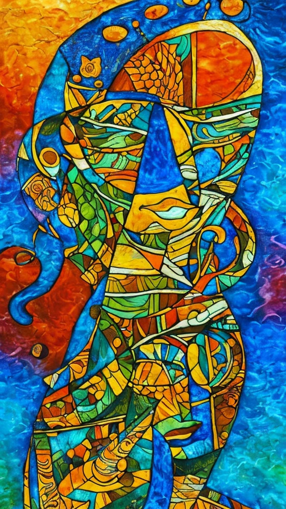 create an abstract composition of indigenous Pataxó with realistic vibrant texture and colors + fusion of alcohol and ink+ tribal+van Gogh artistic style