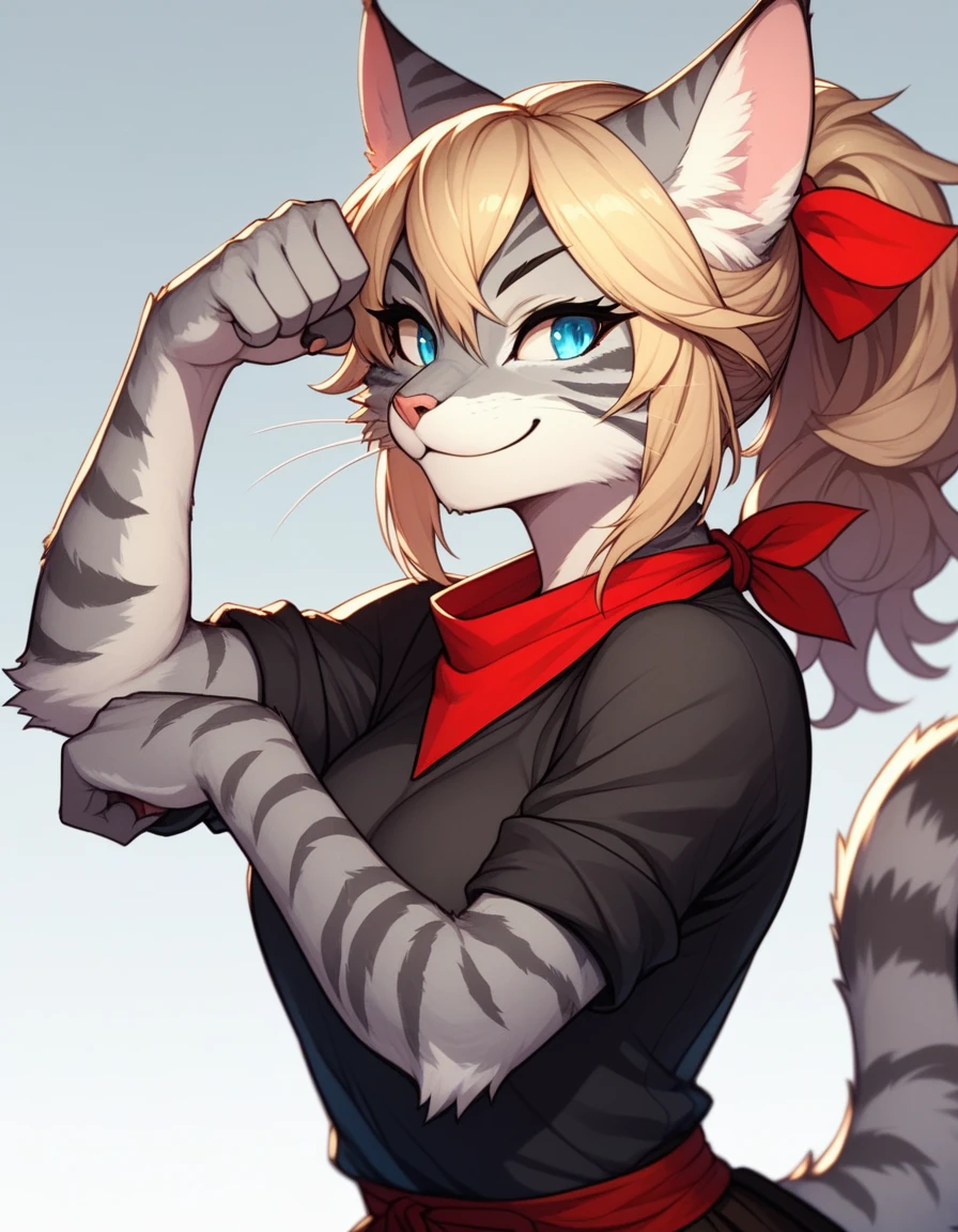 score_9,score_8_up,score_7_up, kemono style, Kat, Anthro furry feline, silver fur, grey stripes on body, blue eyes, short wavy blonde hair, red bandana tied to head, pink nose, :3, upper body shot, portrait, wearing denim t shirt, sleeves rolled up, she is flexing one arm, side view, smirking, Rosie the riveter pose